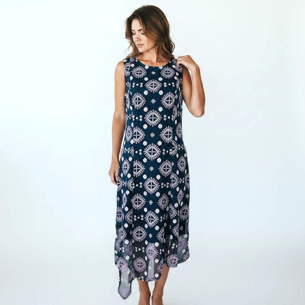 ALFANI Navy Embroidered Mesh Asymmetrical  Hem Midi Dress 12 Formal Glam Elegant